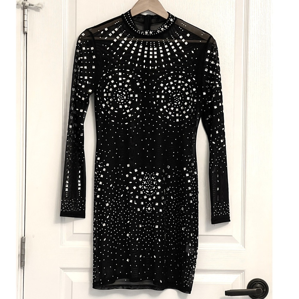 Rhinestone Mesh Bodycon Mini Dress Black Sheer Long Sleeve Y2K Hoco Clubwear Med